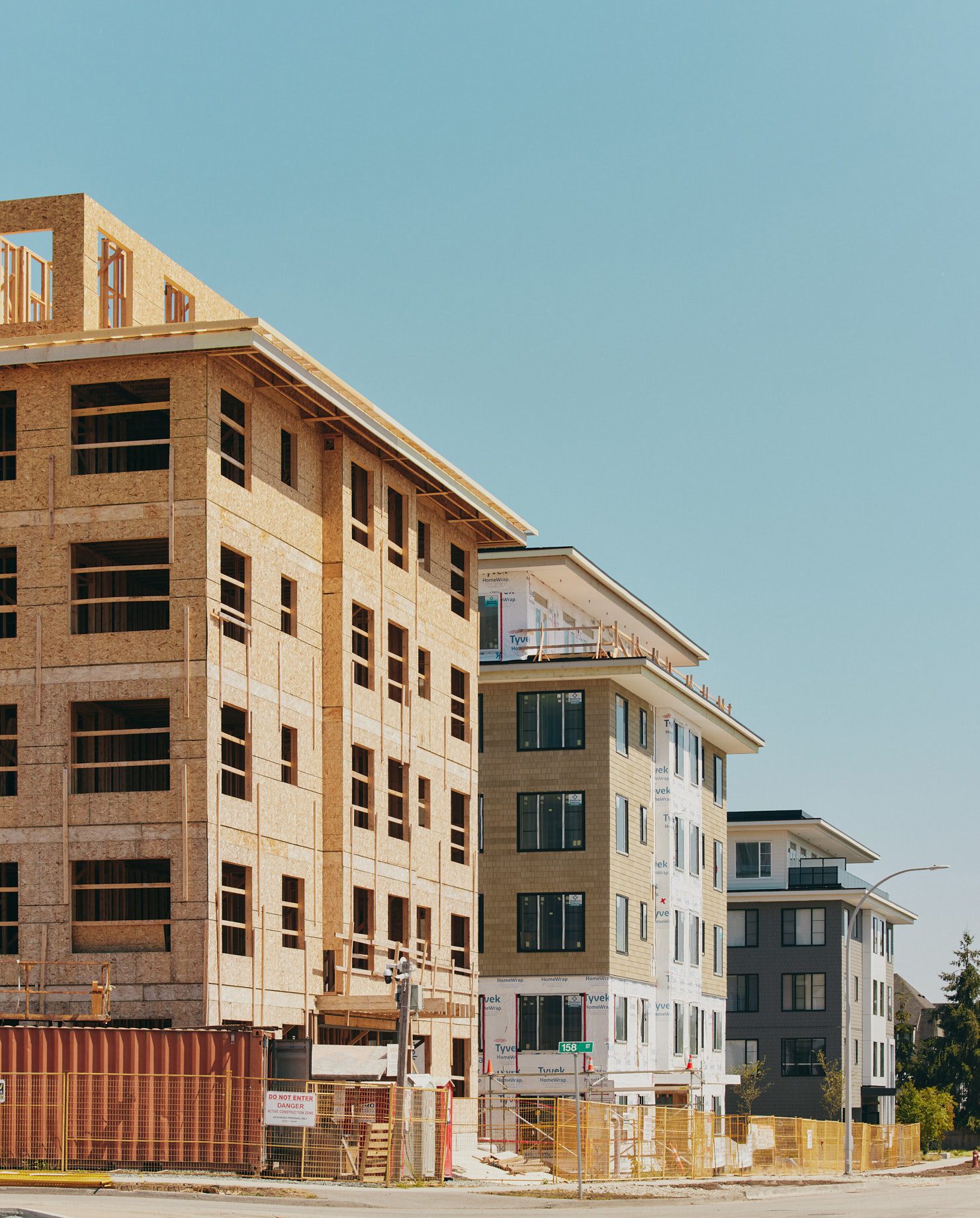 Exterior view of construction for Dawson + Sawyer condo community in Surrey